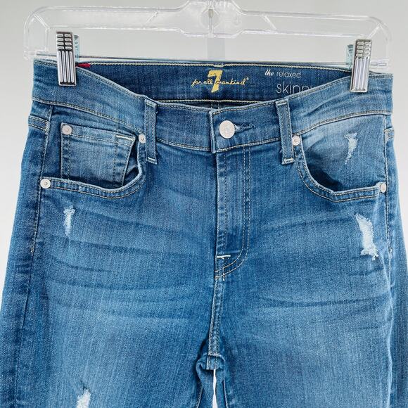 7 For All Mankind The Relaxed Skinny Torn Distressed Blue Denim Y2K Jeans 25 - Picture 4 of 13